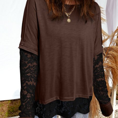 Dark Brown Sheer Lace Patchwork Casual Long Sleeve Tee